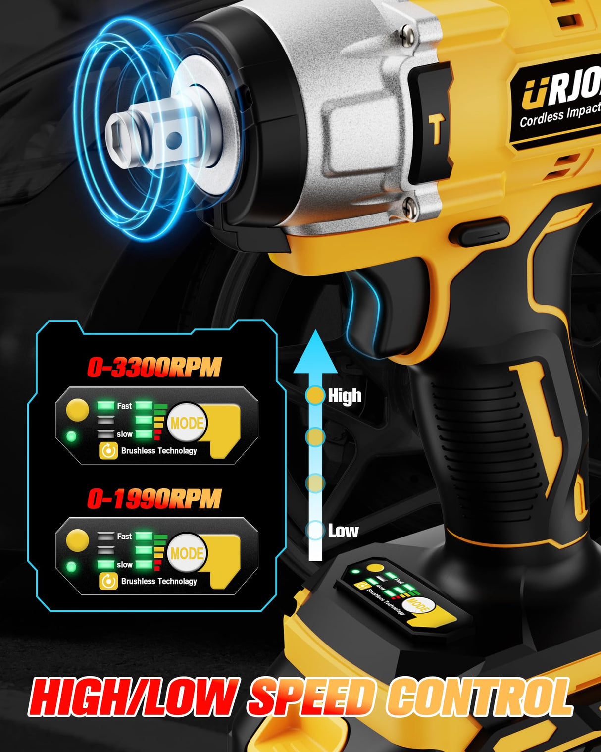 Urjoai Cordless Impact Wrench - 590Ft-lbs (800N.m) Brushless 1/2 inch, 3300RPM High Torque Impact Gun, 2x 4.0Ah Battery, Charger & 7 Sockets, Electric Impact Wrench for Car Home