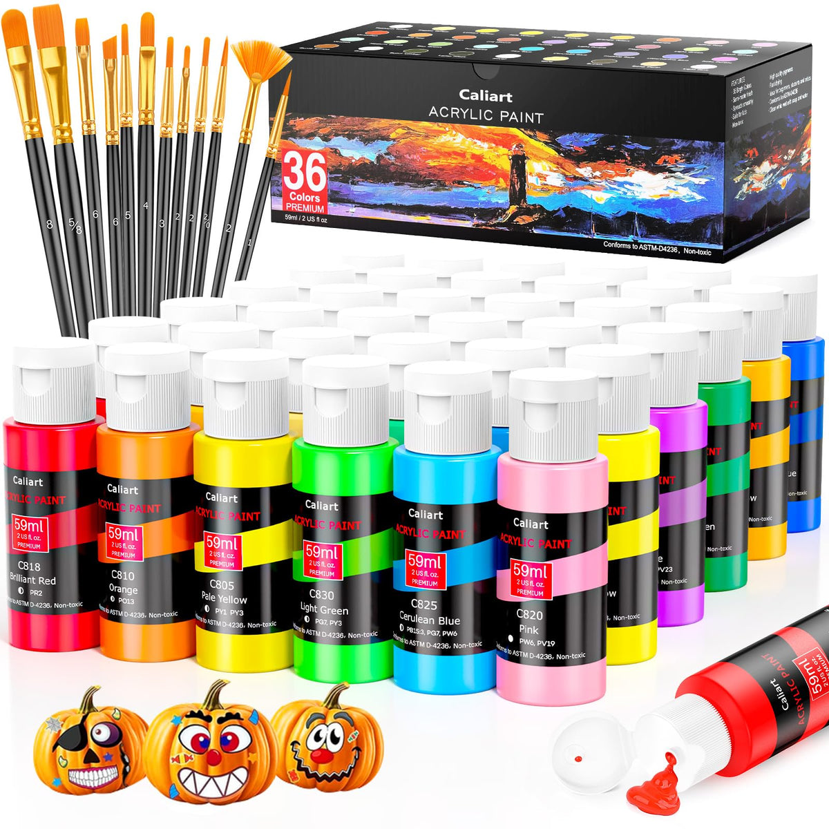 Caliart Acrylic Paint Set of 36 Colors with 12 Brushes