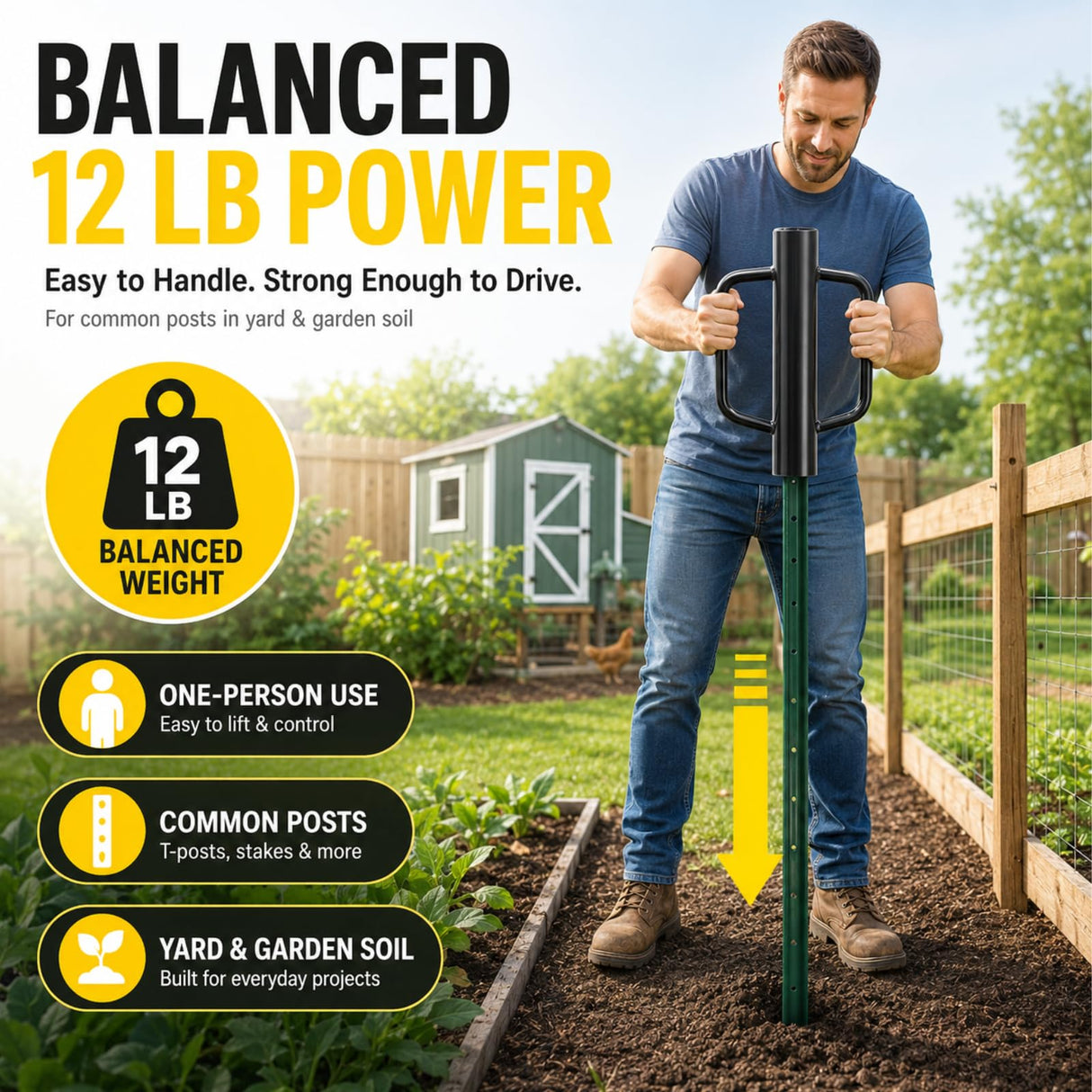 12 lb Steel Fence Post Driver, 17 in T-Post Pounder, 2.7" Inner Diameter