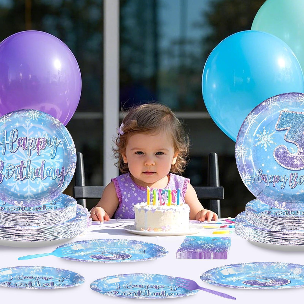 Grencian 96Pcs Frozen Party Supplies Plates Winter Onderland 3rd Birthday Plates Winter Snowflake Happy 3rd Birthday Tableware Disposable for Kids Girls Frozen Themed Party Christmas