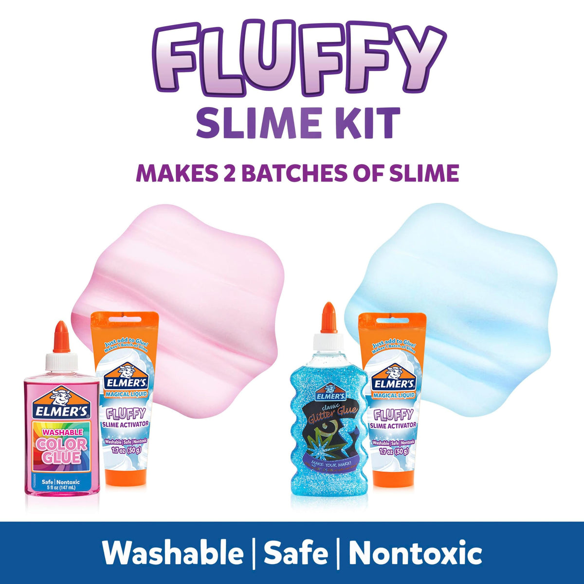 Elmer’s Fluffy Slime Kit, Includes Translucent Color Glue, Glitter Glue, Fluffy Slime Activator, 4 Count - Perfect for Birthday Parties, Summer Fun, Creative Kids Activity