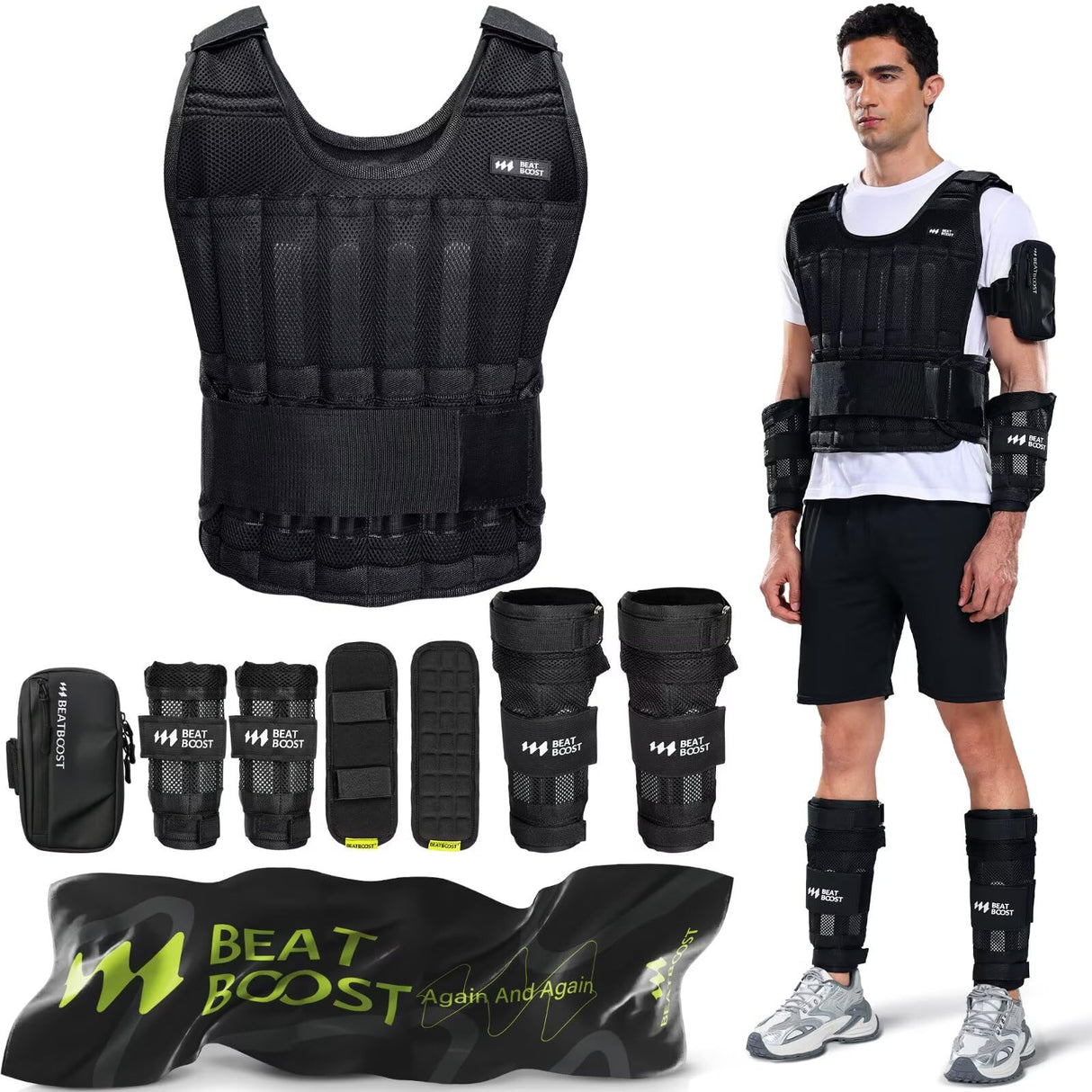 BeatBoost Adjustable Weighted Vest Set 40 lb with Wrist and Ankle Weights for Men Women Weight Vest with Steel Plates Weights for Walking Strength Training Running Workout