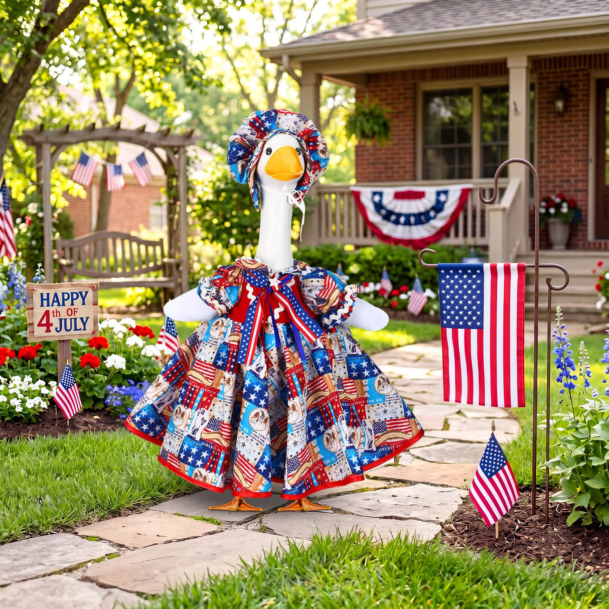 Abbylike 4th of July Porch Goose Outfit Patriotic American Flag Red Blue White Lawn Goose Clothes Fits 23 Inch Cement Statue Geese Costume for 250th Independence Day Outdoor Garden Yard Patio Decor