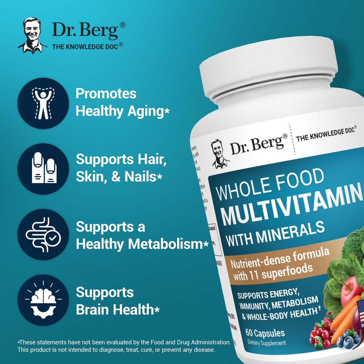 Dr. Berg Whole Food Multivitamin with Minerals - Daily Multivitamin for Men and Women - Includes Premium Whole Food Fruits and Vegetable Blend with Folate, Alpha-lipoic Acid and More - 60 Capsules