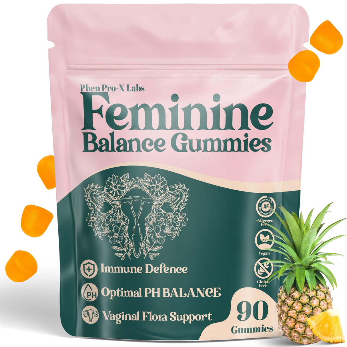 Premium Feminine Balance Gummies for Women’s - Hawaiian Pineapple Gummies for Women pH, 4-in-1 Benefits Includes pH Balance, Healthy Odor, Flora and Immune Support -90 Count (Vegan & Gluten-Free)