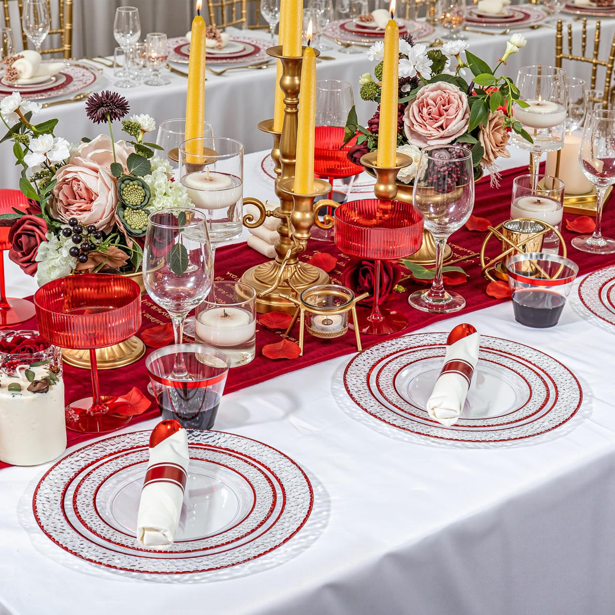 Ciaell 350 PCS Clear and Red Plastic Plates – Red Dinnerware Set for 50 Guests Include 100 Plastic Plates, 50 Pre Rolled Napkins with Cutlery Set, 50 Cups for Wedding & Party & Anniversary & Christmas