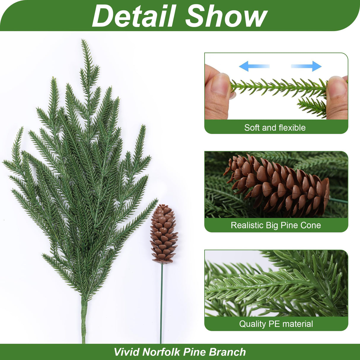 florisso Artificial Christmas Norfolk Pine Stems Branches for Vases,12 Bundles Faux Pine Branches with 5 PCS Big Pinecones Stems Fake Greenery Evergreen Real Touch for Holiday Winter Table Xmas Decor