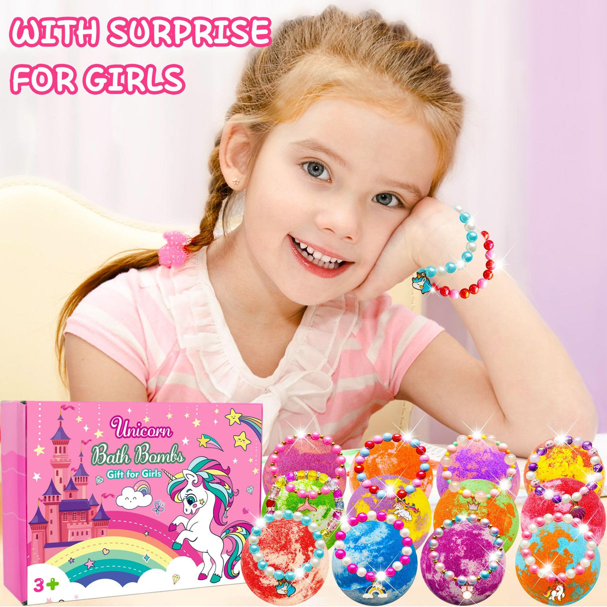 Unicorn Bath Bombs for Kids Girls 3 4 5 6 7 8 Years Old Birthday Gift for Girls Bath Bombs with Toys Surprise Jewelry Inside for Kids Toddler Girl Birthday Christmas Gifts Easter Basket Stuffers