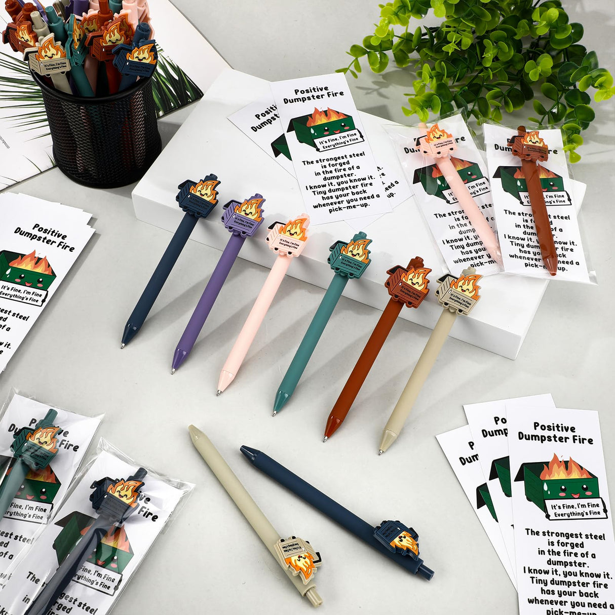 Sayglossy 30 Sets Dumpster Fire Gifts Funny Dumpster Fire Ballpoint Pens and Bookmarks Bulk Emotional Support Gift for Christmas Office Desk Accessories Work Coworkers Team Employee Staff Teachers