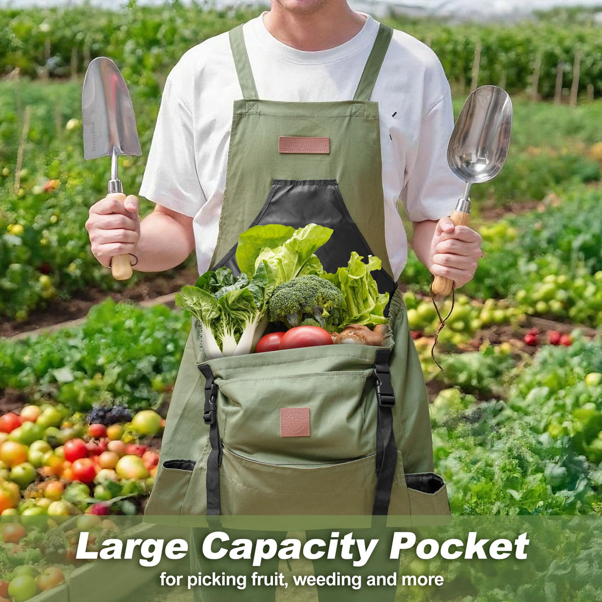 Berry&Bird Harvest Apron, Canvas Gardening Apron with Pockets and Harvesting Pouch Waterproof Harvesting Apron (Green)
