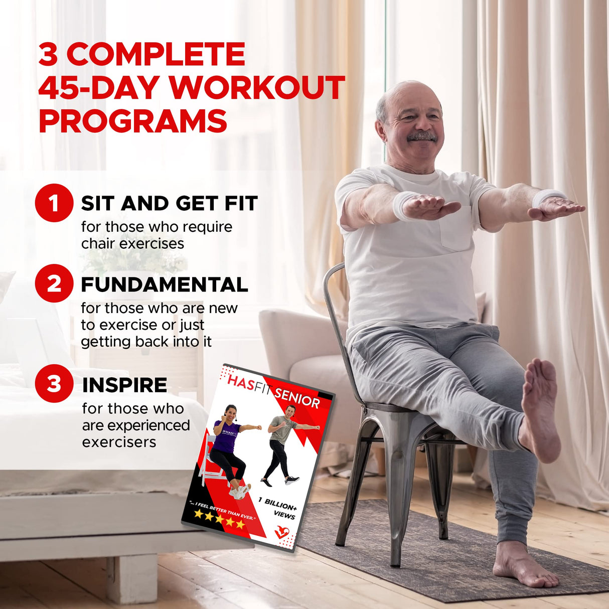 HASfit Exercises for Seniors DVD - 4 Discs - 16 Senior Workouts for Balance, Weight Loss, Flexibility, Cardio, Strength, Yoga Fitness, Seated Chair Exercise For Beginners, Elderly - 3 Programs