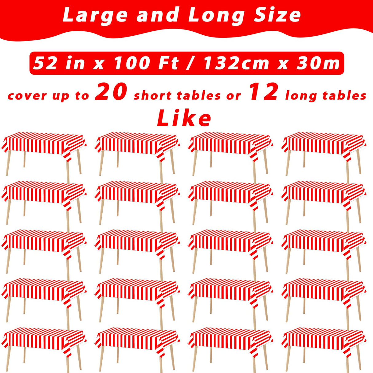 Red and White Striped Tablecloth Roll 52 in x 100 Ft with Slide Cutter Circus Carnival Party Supplies Halloween Christmas Plastic Picnic Table Cover for Indoor Outdoor Events Family Banquet Party
