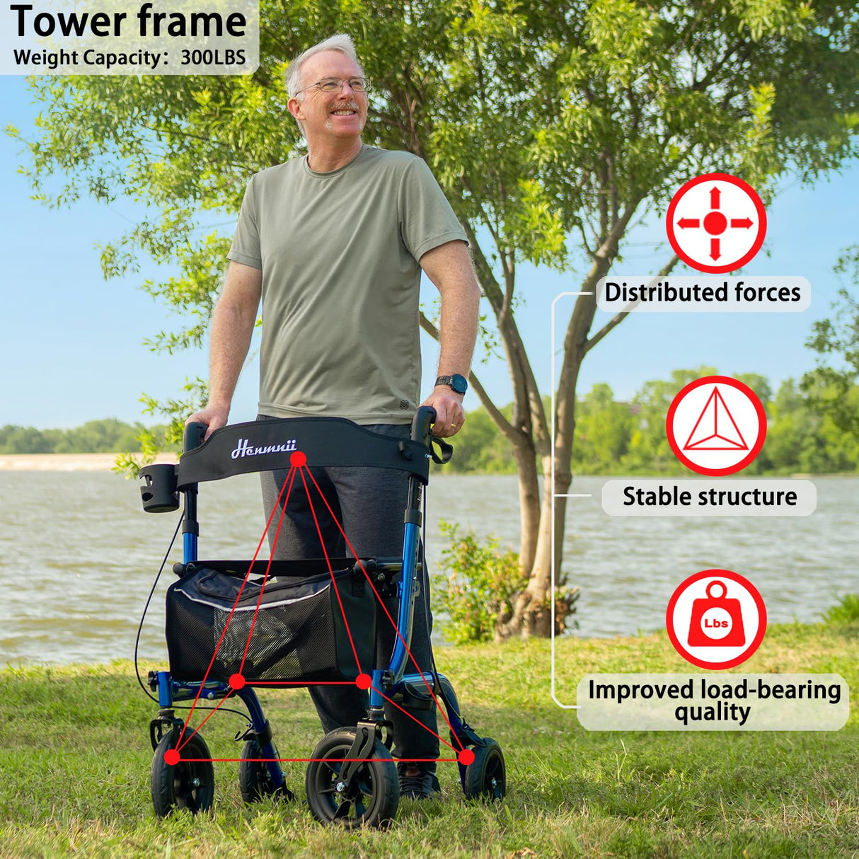 Henmnii Rollator Walker for Seniors, Lightweight Foldable All Terrain Rolling Walker with seat, Aluminum Walkers with 10 inch Rubber Wheels, Handles and Backrest for Seniors and Adult