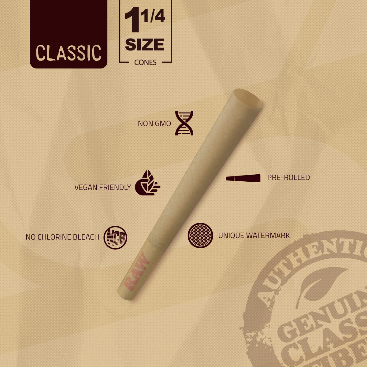 RAW Cones Classic 1-1/4 Size 84mm - 150 Pack Pre Roll Rolling Paper