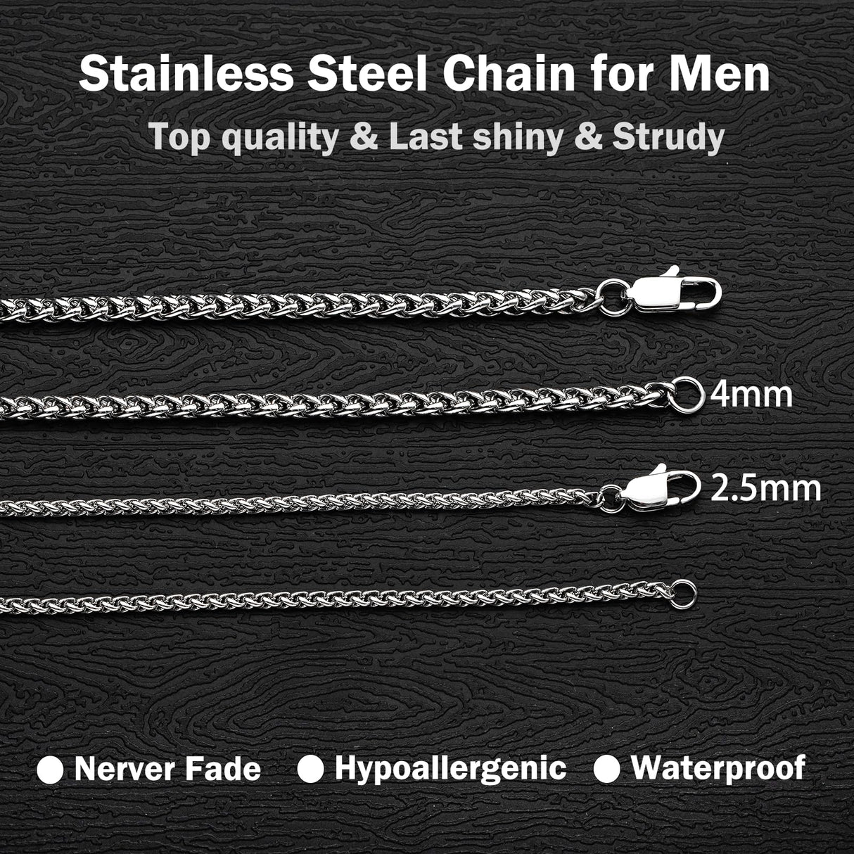 OLARCU 2.5mm/4mm Silver Stainless Steel Wheat Chain Necklace Jewelry for Men (2.5mm-Silver, 26 Inches)