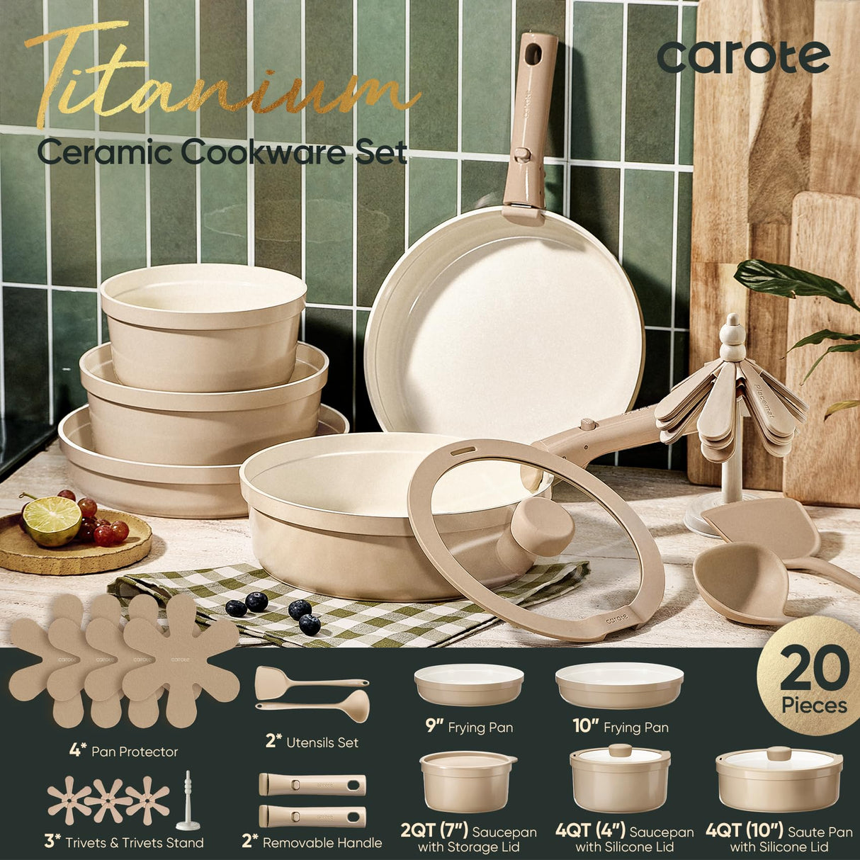 CAROTE 20pcs Ceramic Cookware Set Nonstick with Detachable Handles, Non Toxic Cookware, Pots and Pans Set Non Stick, Induction Available, Kitchen Cooking Pot and Pan, Dishwasher Safe