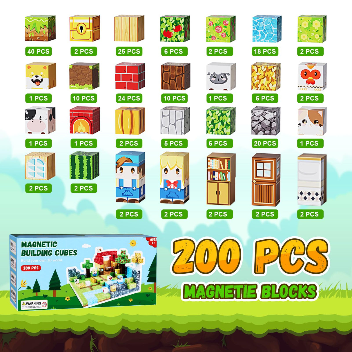 Fitrobust 200PCS Magnetic Building Blocks Set, Magnetic Tiles Kids Build Cubes STEM Game Toys, Build Forest World Set, Christmas Birthday Gifts for Boys & Girls Age 3 4 5 6 7 8 9 10