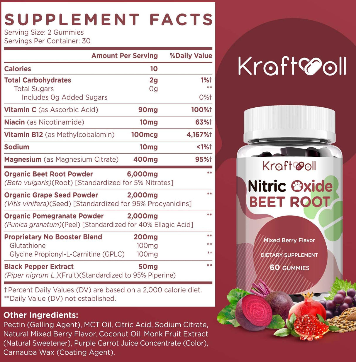 Kraftvoll Nitric Oxide Beet Root Gummies with Grapeseed Powder, Pomegranate Powder, Vitamin C & B12 – Sugar-Free, Mixed Berry Flavor – 60 Gummies