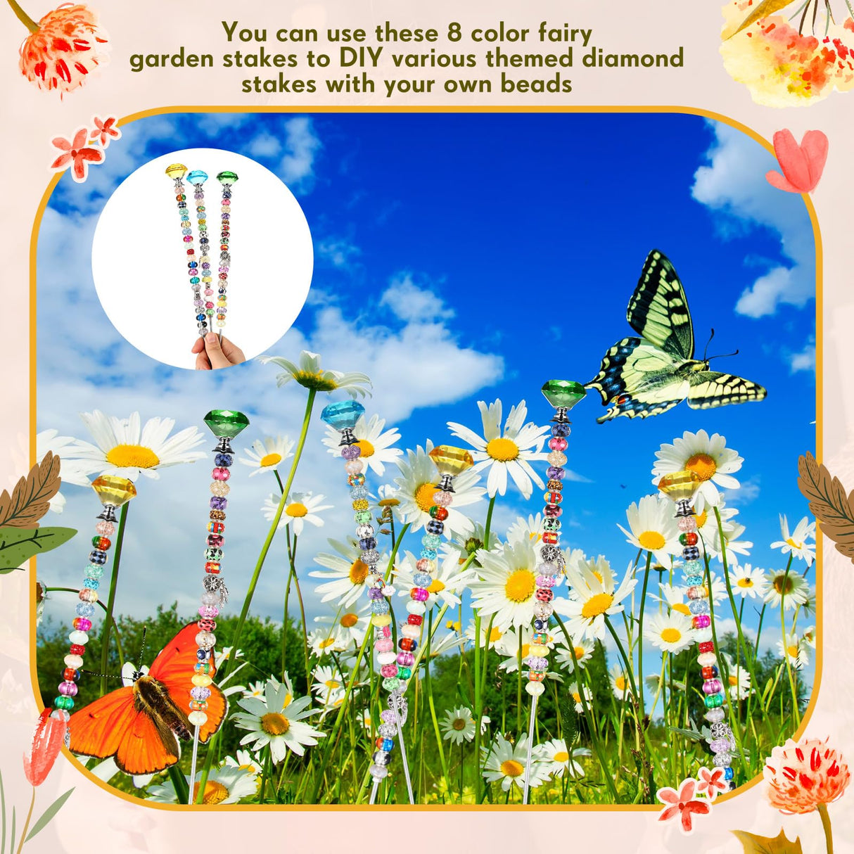 Pelopy Pack of 8 DIY Fairy Garden Beaded Stakes Wands Kit 8 Pcs of 8/32 Inch 12 Inch Threaded Rods and 8 Pcs Hex Nuts and 8 Tops, Stainless Steel Stakes with Toppers (Bright Color, Diamond)
