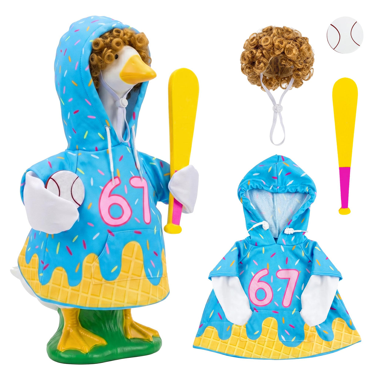 Sloakify Summer 67 Baseball Porch Goose Outfits, Ice Cream Hoodie Wigs for 23 inch Goose, Geese Statue Clothes Costume 4 Pcs Accessories, Birthday Party Garden Outdoor Yard Lawn Patio Decor