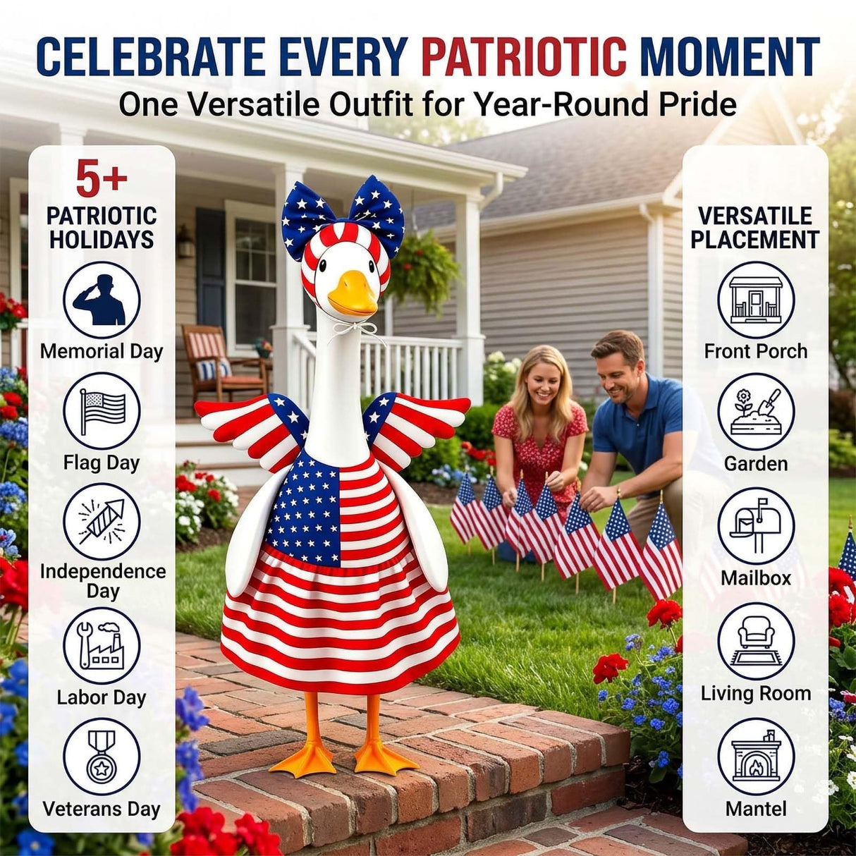 Go Ho 4th of July Porch Goose Outfit Angel Style, American Flag Patriotic Clothes for 23 Inch Porch Goose Statue, Independence Day Costume, 250th Anniversary USA Outdoor Lawn Garden Decoration