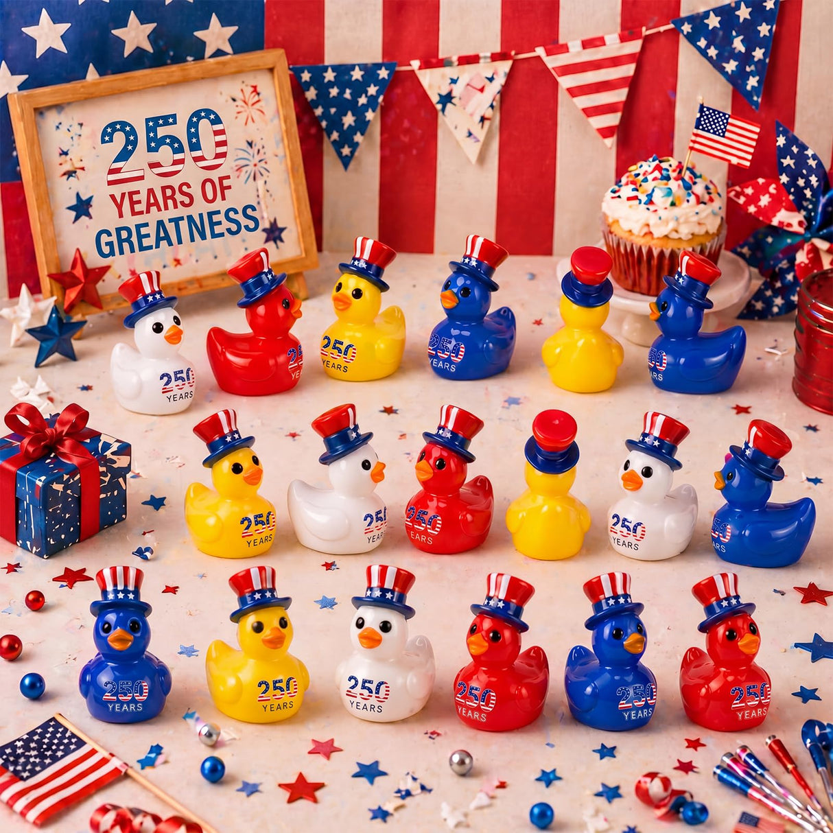 Skylety 36 Pcs Patriotic Mini Ducks 4th of July Independence Day Party Decor 250th Anniversary Red White Blue Ducks with Glue Points Garden Potted Miniature Cake Decoration Craft Patriotic Collectors