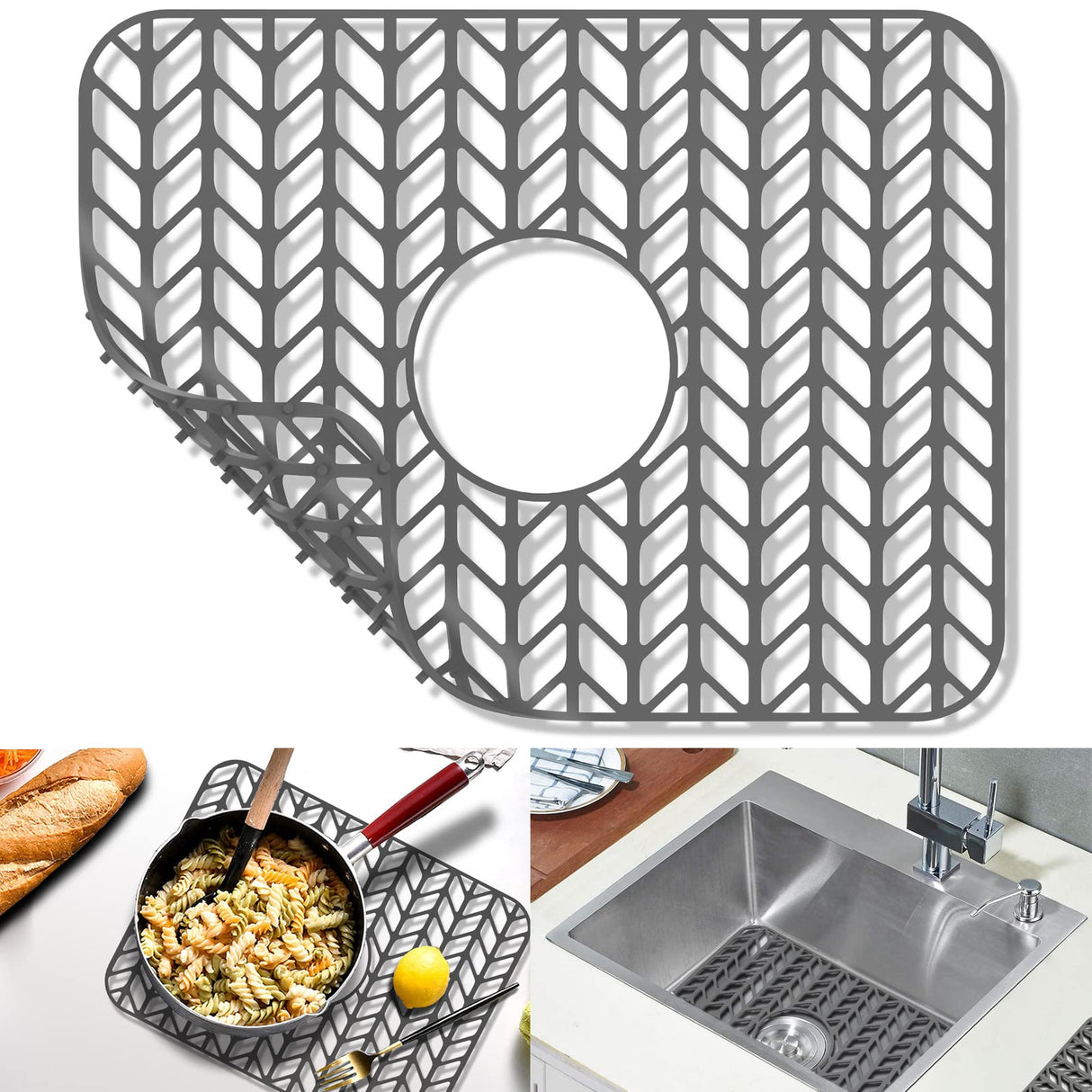 GUUKIN Sink Protectors for Kitchen Sink Grid 16-3/16" X 12-1/2", Centered Drain for Single Sink Bowl with Corner Radius 4-11/16" Kitchen Mat