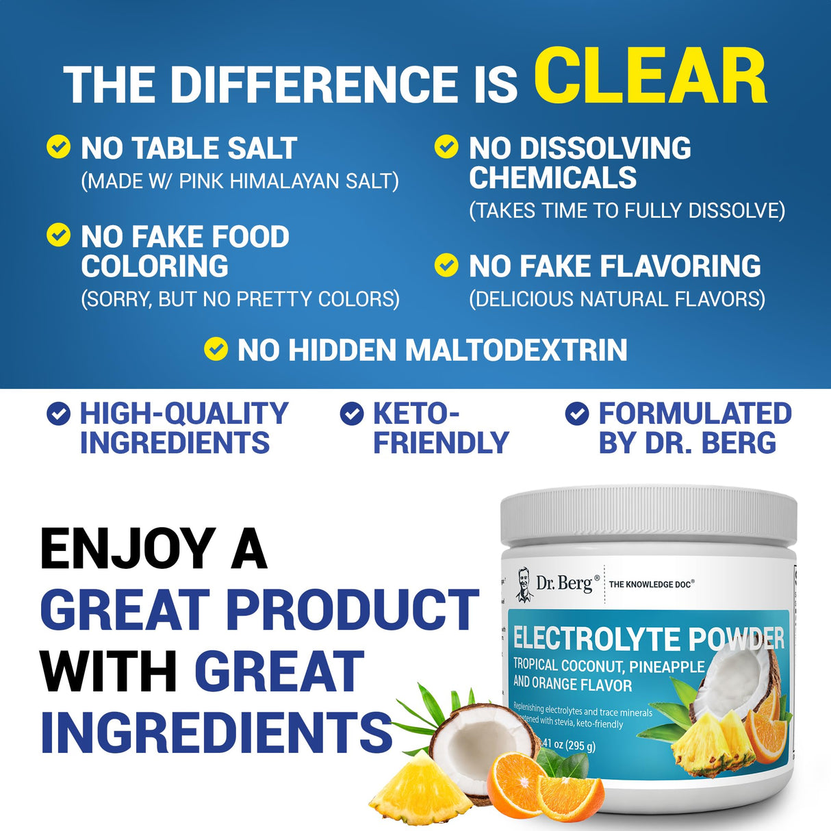 Dr. Berg Zero Sugar Hydration Keto Electrolyte Powder - Enhanced w/ 1000 mg of Potassium & Real Pink Himalayan Salt (NOT Table Salt) - Tropical Coconut, Pineapple & Orange Drink Supplement 50 Servings