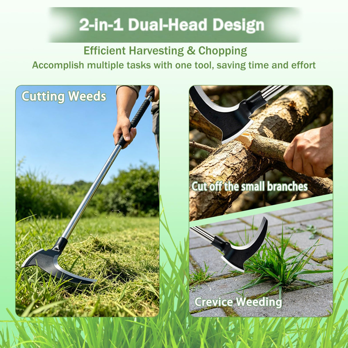 Haipeiyl Harvesting Weeding Sickle, Manual Weeder Tool with Sharp Double Blade Head, Upright Scythe for Weeding Farm Harvesting Clearing Vines Yard Gardening Pruning