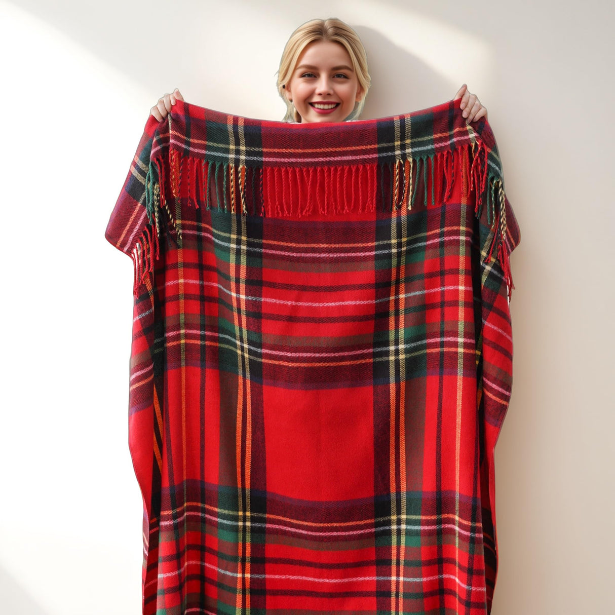 BATTILO HOME Christmas Red Plaid Throw Blanket for Couch, Bed, Super Soft Red Plaid Blankets,Soft Christmas Decorative Throw with Tassels 50"x60"