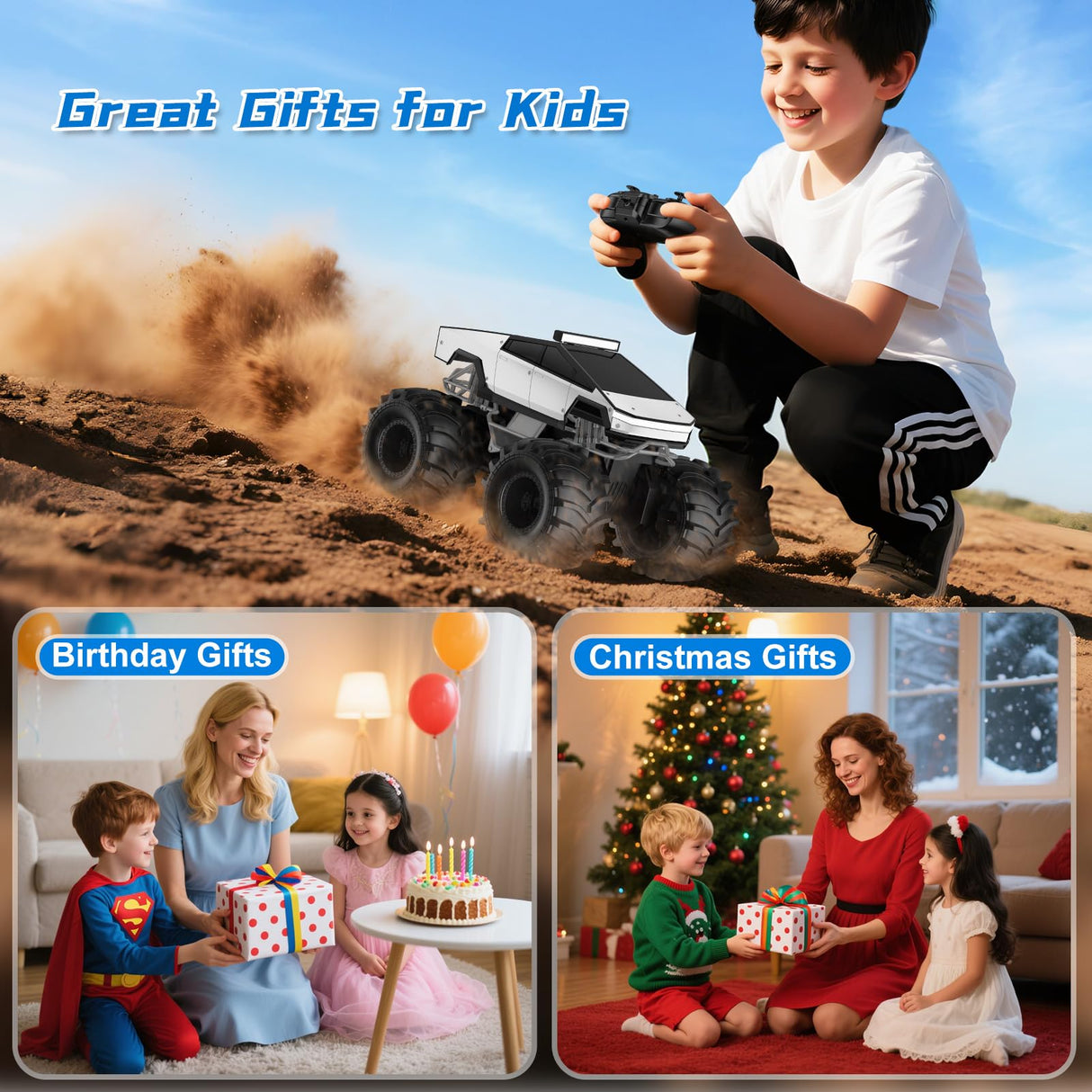 Amphibious Remote Control Car, 1:18 Monster Truck Toys for Boys RC Cars, 2.4 GHz Waterproof RC Trucks, 4WD All Terrain Off-Road Pickup, Kids Christmas Birthday Gifts Present Boys Girls Toys Ages 6+