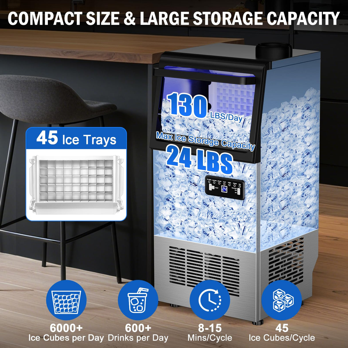 Commercial Ice Maker Machine 130 LBS/24H, 45 Ice Trays Freestanding & Undercounter Ice Machine Stainless Steel with 20 LBS Ice Storage Capacity, Ice Maker with Water Line and Filter, Dual Water Inlet
