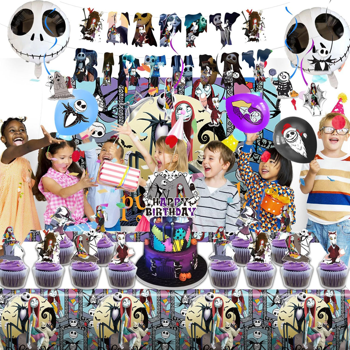 Favuit Birthday Decorations, Nightmare Christmas Party Supplies Halloween Birthday Party Decorations Set Includes Banner Balloons Tablecloth Backdrop Hanging Swirls Cake Toppers