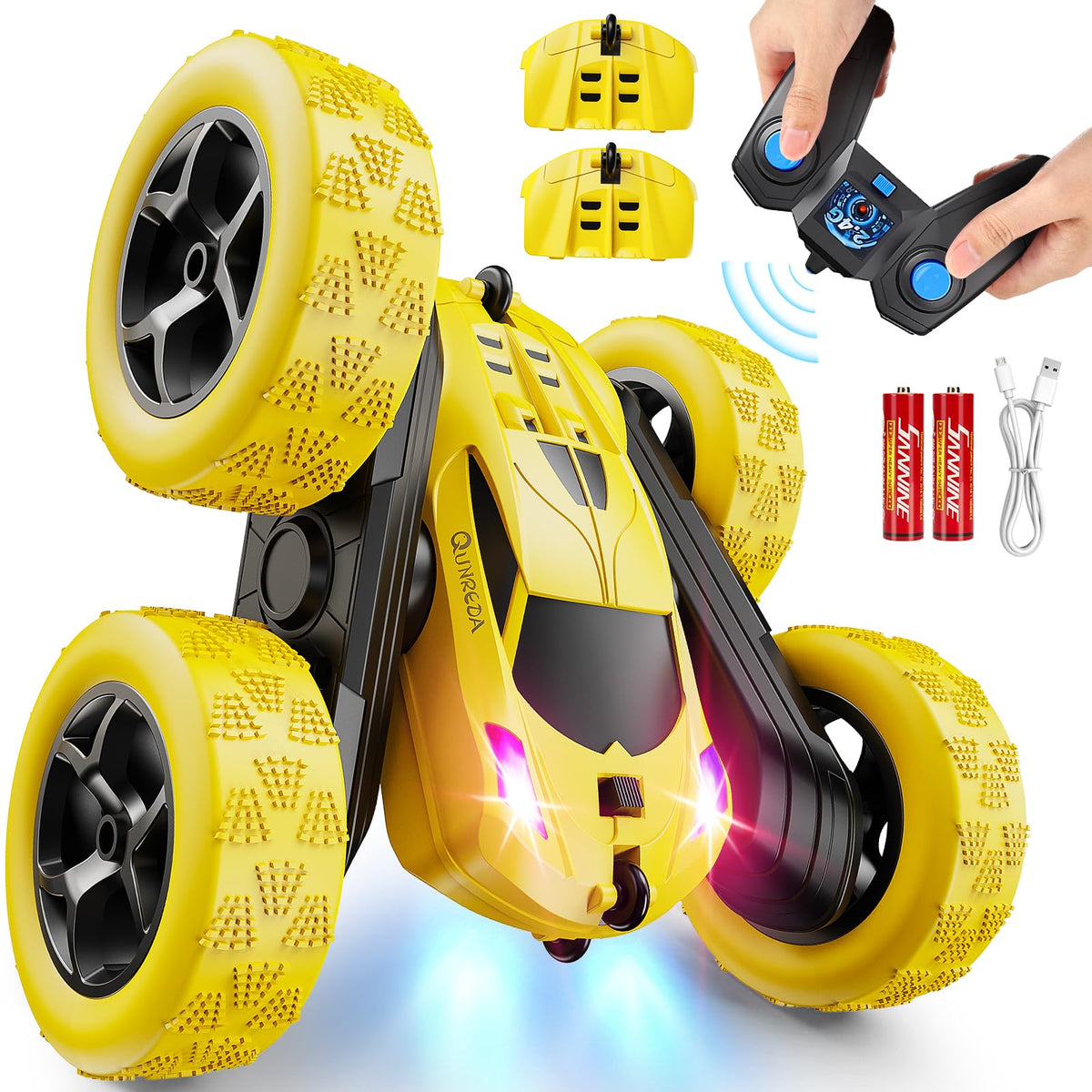 QUNREDA Remote Control Car,RC Car Toys for 6-12 Year Old Boys, Off Road RC Stunt Car 4WD 360° Rotating Remote Control Car for Kids, Boys Girls Gifts for Birthday, Christmas Yellow