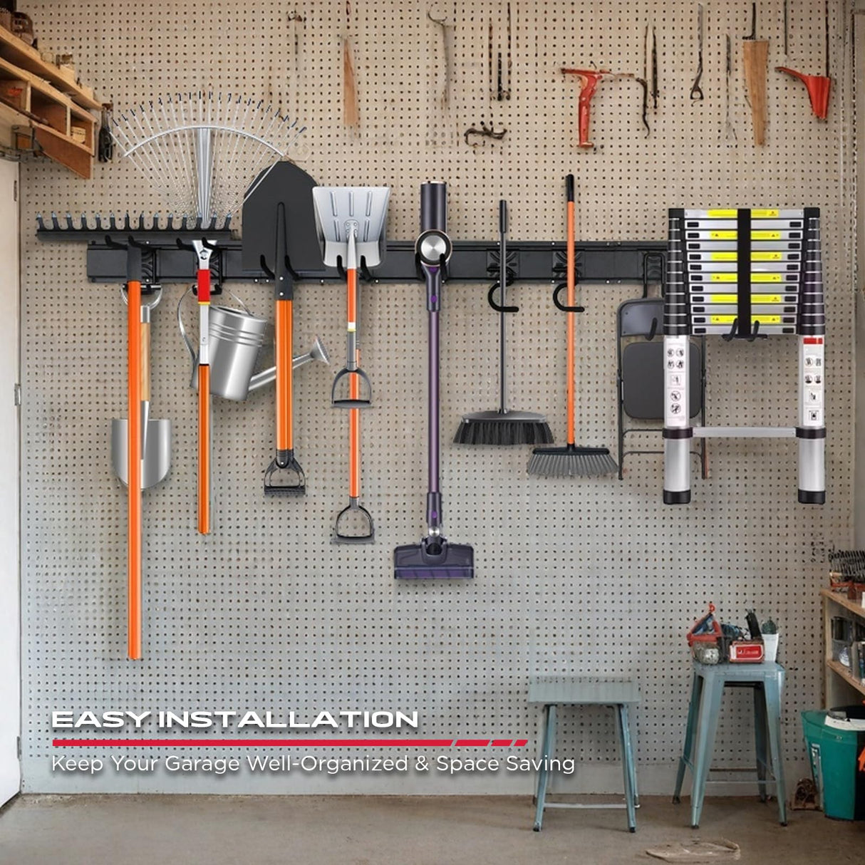 SEDY 64" Heavy Duty Garage Storage Tool Organizer Wall Mount - Tool Rack with Adjustable Hooks, Anti-Rust, 300lbs Capacity - Easy Installation (10 Hooks, 4 Rails, 3 Straps)