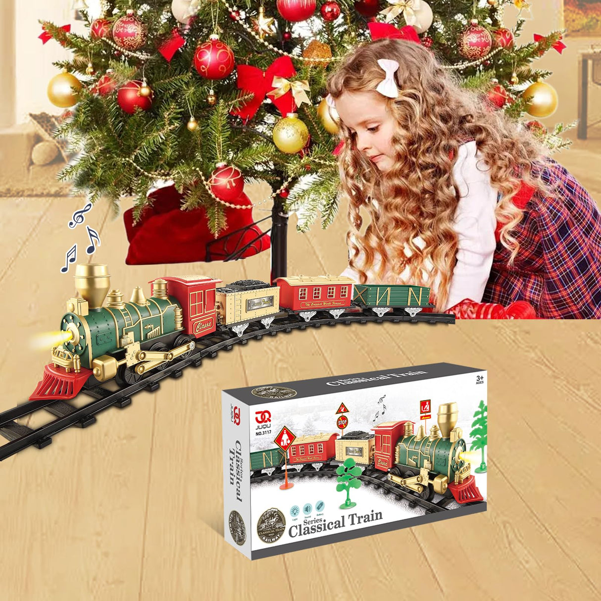 JUQU Electric Train Set for Kids Ages 3-8 – Battery Operated Toy Train with Lights, Sounds, 3 Cars & 10 Tracks, Classic Christmas Tree Train Set for Under or Around Tree