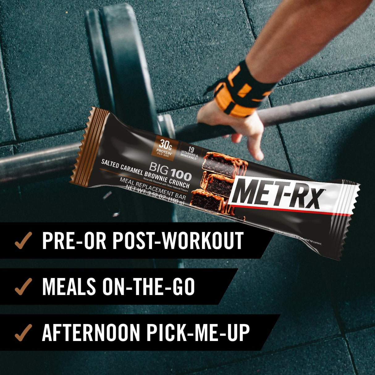 MET-Rx Big 100 Protein Bar, Meal Replacement Bar, 30G Protein, Salted Caramel Brownie Crunch, 9 Count, 3.52 Oz.(Packaging may vary)