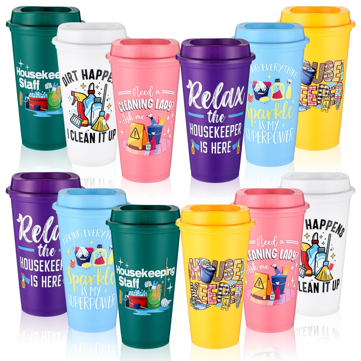 SiliFine 12 Pcs Housekeeping Appreciation Gifts Bulk 16 oz Tumbler with Lids Housekeeper Thank You Cups Reusable Travel Coffee Mug Housekeeper Christmas Gifts for Staff House Cleaner Domestic Worker