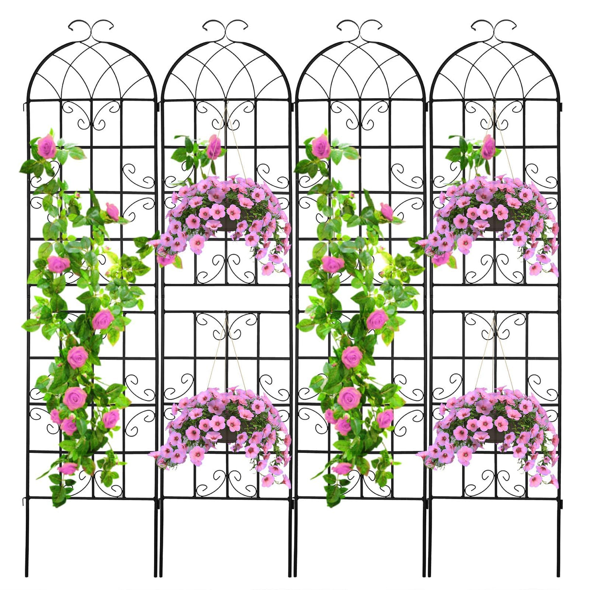 ZBPRESS 4 Pack 86.2x19.7in Metal Garden Trellis for Climbing Plants,Black Metal Garden Trellis for Vines Plant Rose Vegetable Support,Large Decorative Outdoor Trellis
