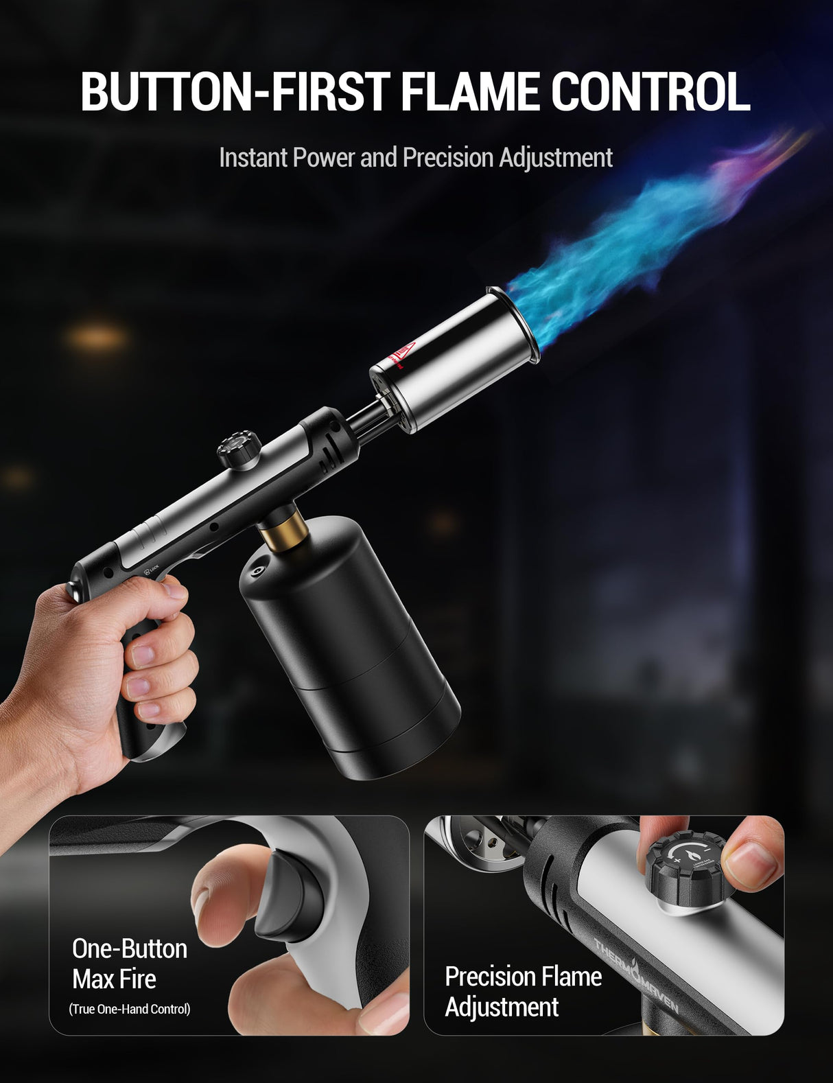 ThermoMaven Propane Torch with One-Touch Max Fire, Cooking Blow Torch Gun with a Safety Lock, Charcoal Lighter, Flame Thrower, Kitchen Food Torch Head for Grill, Sous Vide, BBQ (Tank Not Included)
