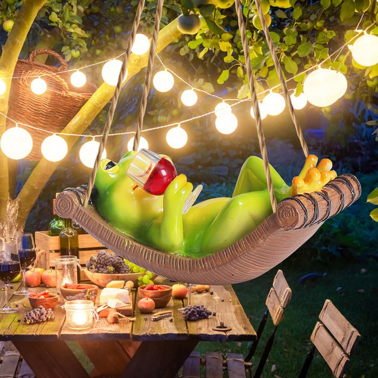NINIPAPA Frog Garden Decor Outdoor Hanging Frog Wine Statue for Fall Yard Patio Party Decoration, Cute Swing Frog Decor Figurines, Gifts for Mom Dad on Birthday, Valentine's Day Housewarming