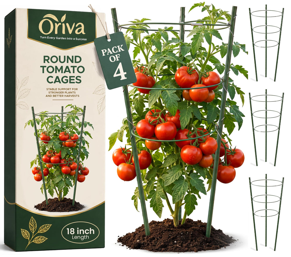 Oriva 4 Pack Round Tomato Cages for Garden,18 inches Small Metal Tomato Cages with Adjustable Rings,Tomato Trellis and Plant Support for Raised Garden Beds, Pots and Climbing Vegetables