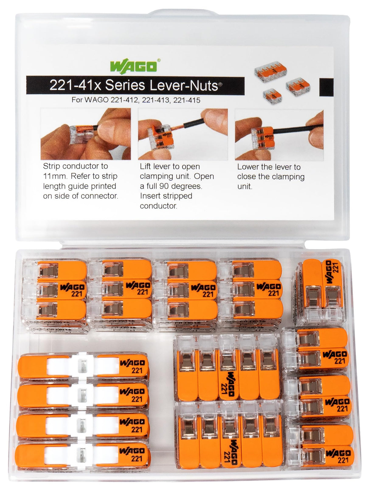 WAGO 221 Lever Nuts 28pc Compact Splicing Wire Connector Assortment with Case | Includes 221-2401, 221-412, 221-413, 221-415