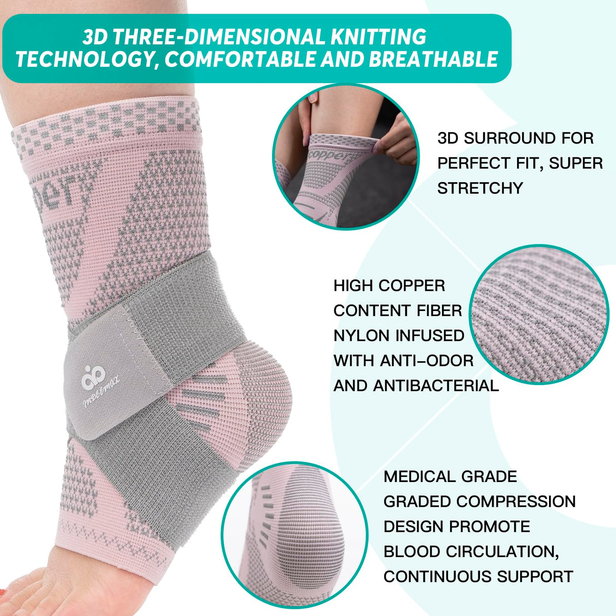 INDEEMAX Ankle Brace for Women & Men, Ankle Compression Sleeve Support Copper Infused Ankle Brace for Sprained Ankle, Plantar Fasciitis Sports, Achilles Tendonitis Pain Relief, Pink Silver, S