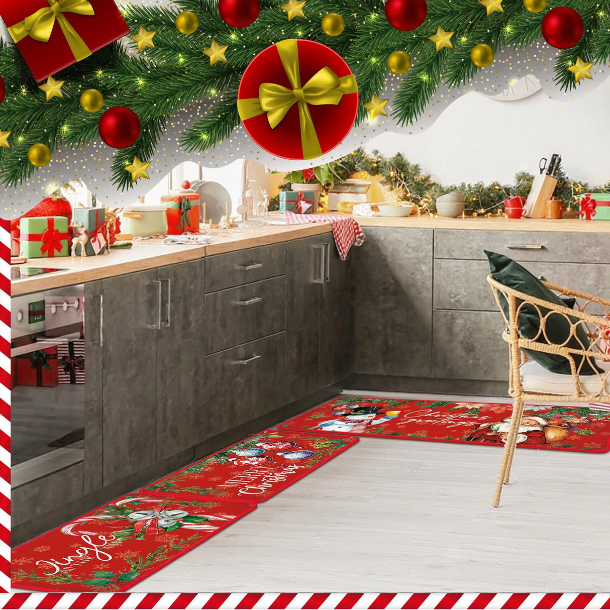 Drydiet 3 Pcs Christmas Kitchen Rugs and Mats Set Xmas Winter Farmhouse Non Slip Rugs Christmas Snowman Candy Holly Berries Floor Mats for Kitchen Home Hallway Holiday Decor, 17 x 29 and 17 x 47 Inch
