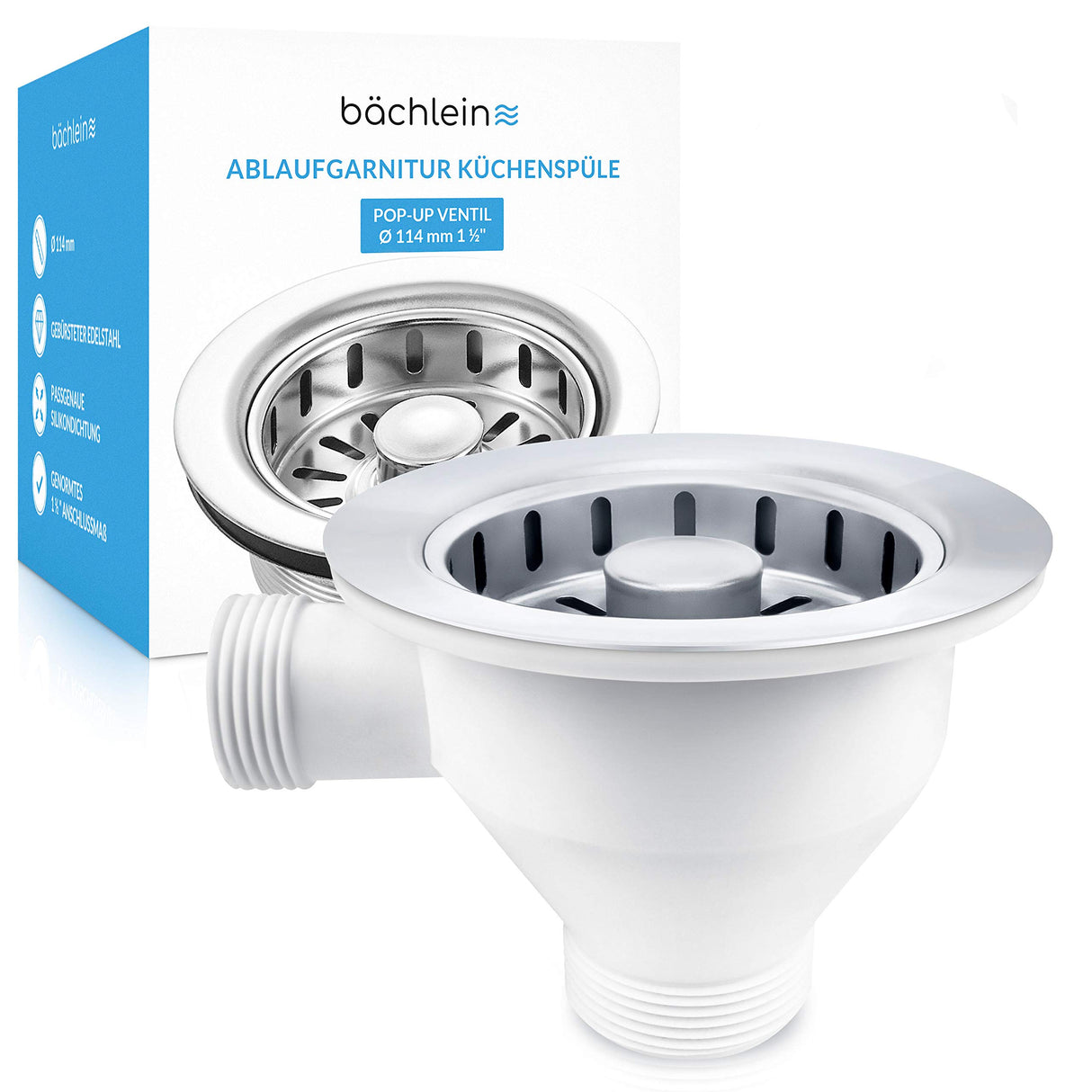 Bächlein Sink Drain Set (WITH OVERFLOW Universal Size Ø 114, Polished Stainless Steel)