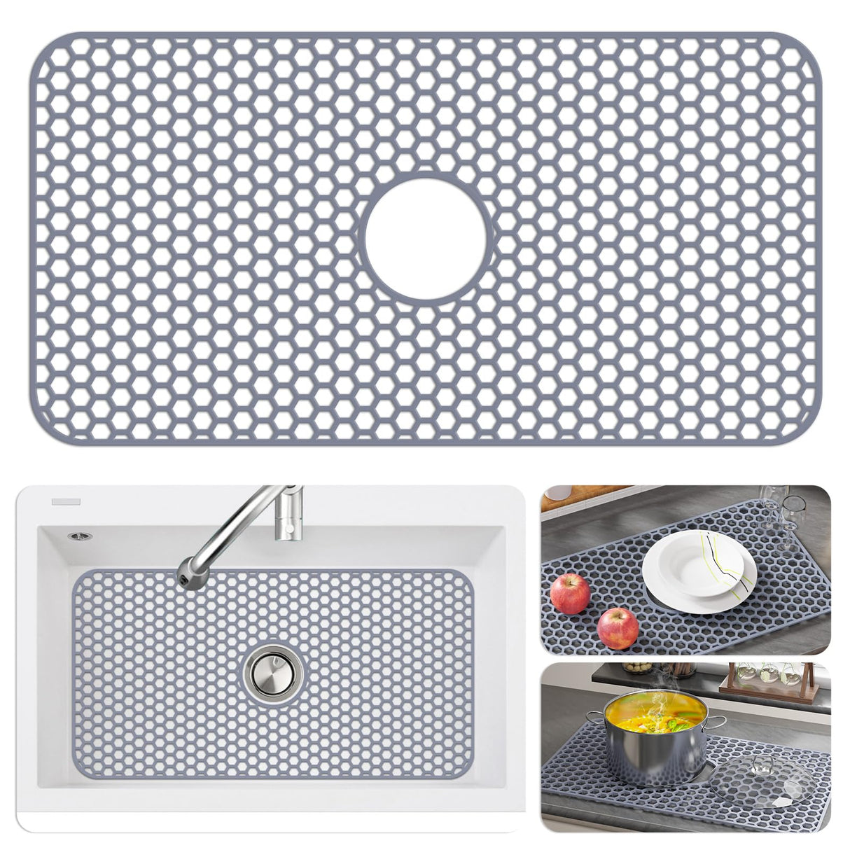 Bestjing Silicone Sink Protectors for Kitchen Sink with Center Drain - 29.7"x 15.5" Kitchen Protector Accessory, Non-Slip Heat Resistan Mat for Bottom of Farmhouse Stainless Steel Porcelain (Gray)