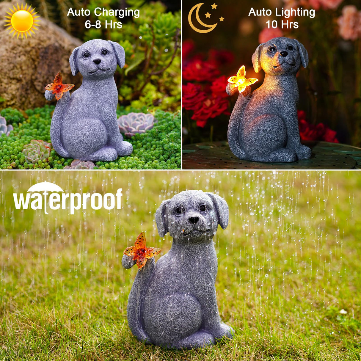Nacome Solar Dog Outdoor Statues for Garden: Outside Decor with Butterfly Clearance for Yard Art Lawn Ornaments Patio Balcony Home House for Mom Grandma Women