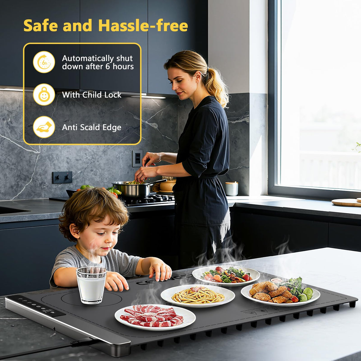 Food Warming Mat with 3-Zone Heating Mode, Redagod Electric Warming Tray with 9 Temperature & 8 Timer Settings, Hook and Roll Up Storage, Portable Countertop Food Heating Mat for Home Daily Use, Gray