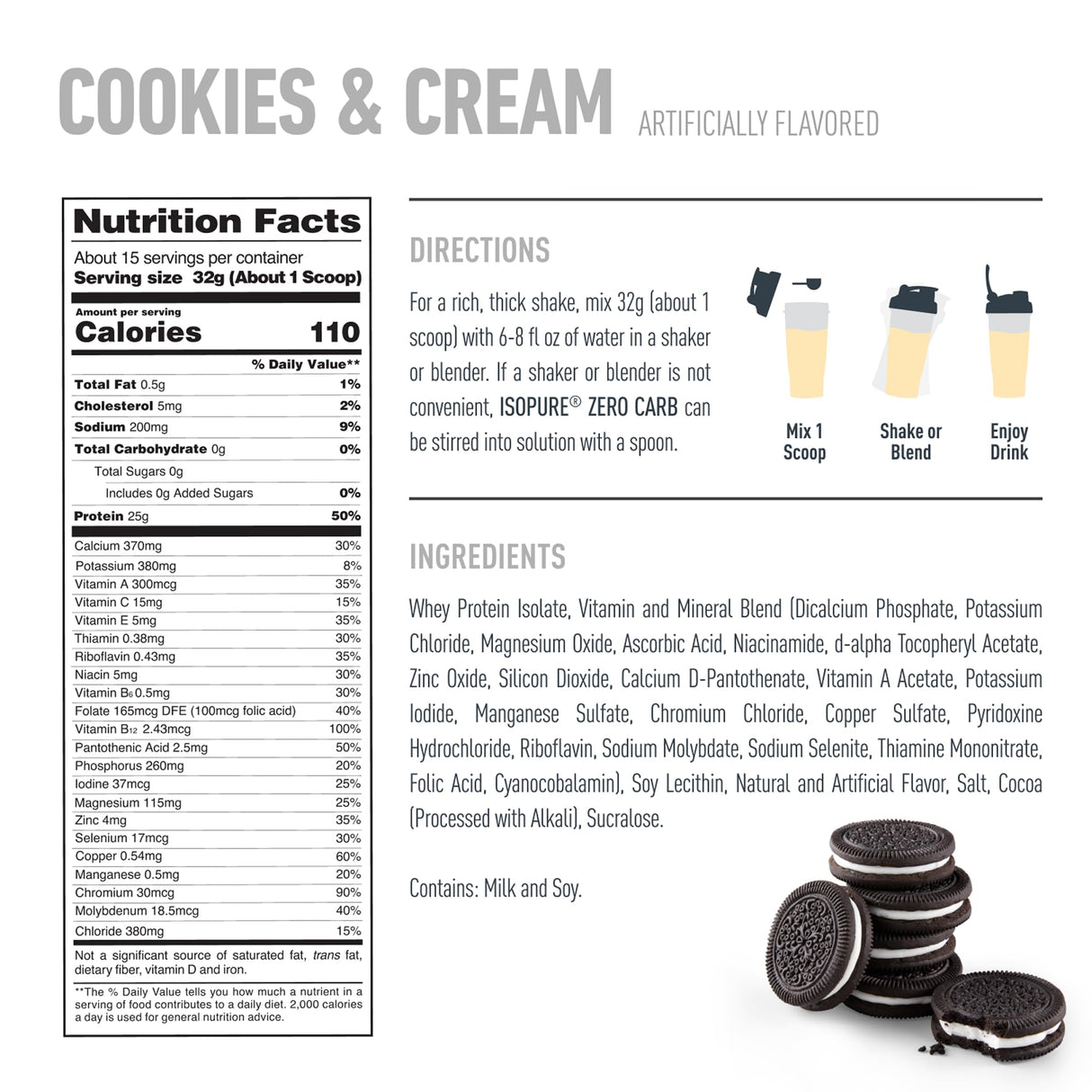 Isopure Zero Carb 100% Pure Whey Isolate Protein Powder, Lactose Free, Gluten Free, With Vitamins, Cookies & Cream, 25g Protein Per Serving, 1 Lb, 15 Servings (Packaging May Vary)